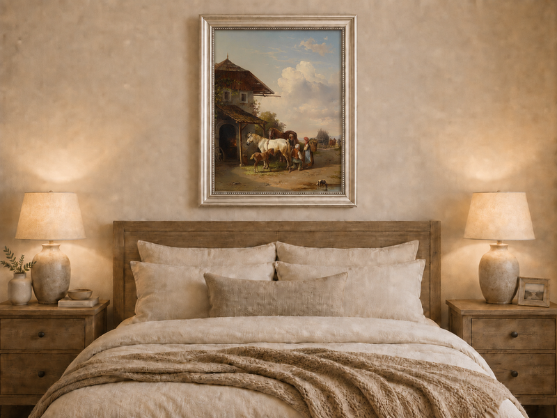 Hand-painted rural cottage, horses and village life landscape oil painting displayed above a bed in a bedroom interior.