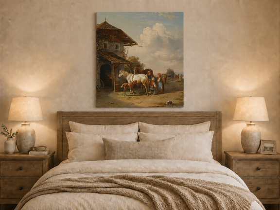 Hand-painted rural cottage, horses and village life landscape oil painting displayed above a bed in a bedroom interior.