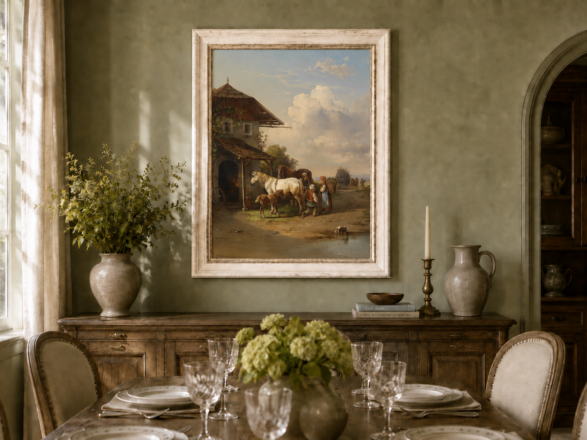 Hand-painted rural cottage, horses and village life landscape oil painting displayed in a dining room interior.