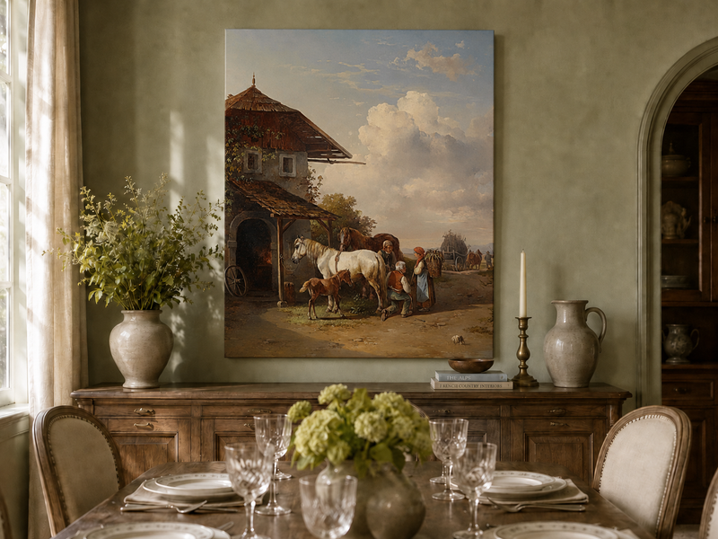 Hand-painted rural cottage, horses and village life landscape oil painting displayed in a dining room interior.