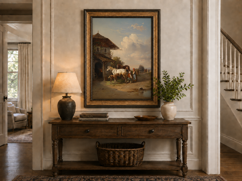 Hand-painted rural cottage, horses and village life landscape oil painting displayed above a console table in a hallway interior.