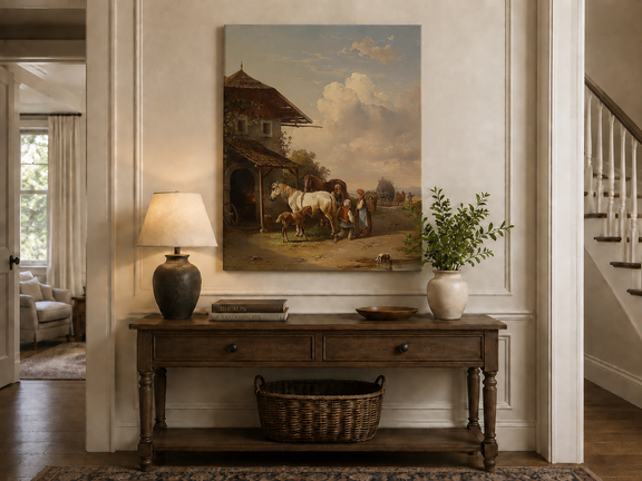 Hand-painted rural cottage, horses and village life landscape oil painting displayed above a console table in a hallway interior.