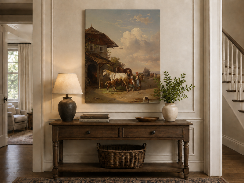 Hand-painted rural cottage, horses and village life landscape oil painting displayed above a console table in a hallway interior.