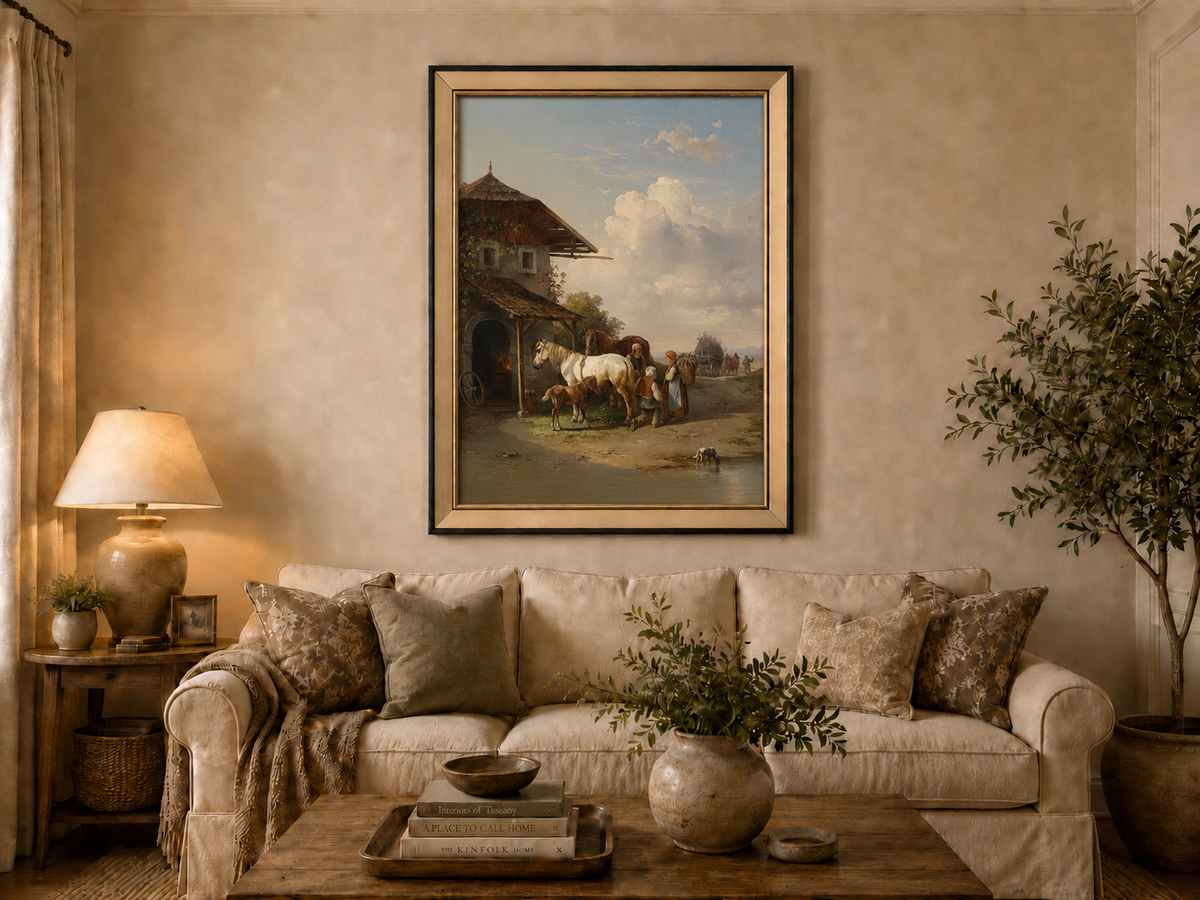 Hand-painted rural cottage, horses and village life landscape oil painting displayed above a sofa in a living room interior.