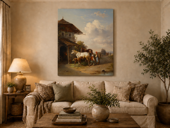 Hand-painted rural cottage, horses and village life landscape oil painting displayed above a sofa in a living room interior.