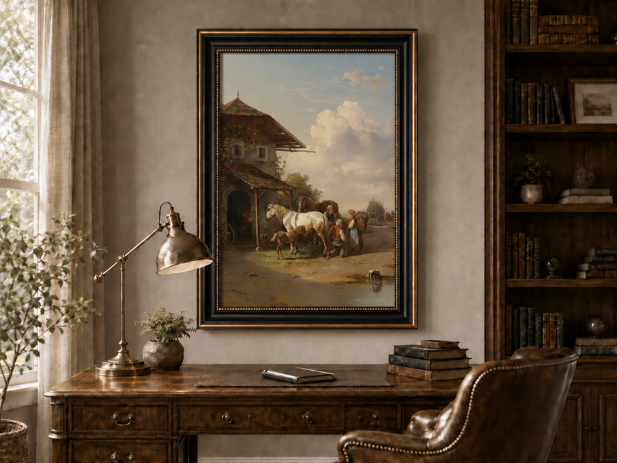 Hand-painted rural cottage, horses and village life landscape oil painting displayed above a desk in a home office interior.
