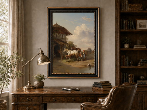 Hand-painted rural cottage, horses and village life landscape oil painting displayed above a desk in a home office interior.