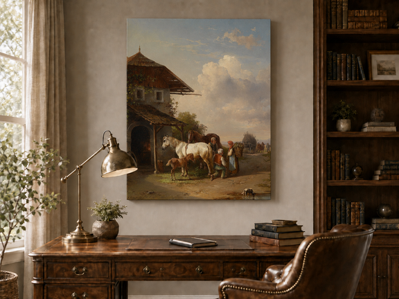 Hand-painted rural cottage, horses and village life landscape oil painting displayed above a desk in a home office interior.