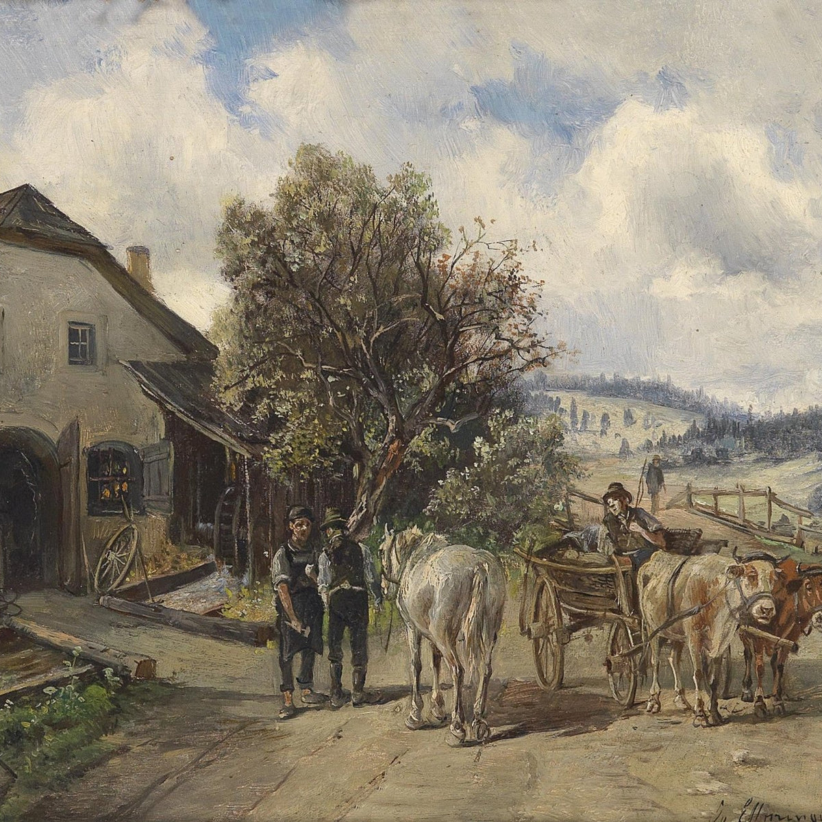 Landscape Oil Painting - Rural Cottage, Ox - Drawn Cart, Figures & Hills - Oil Painting Haven