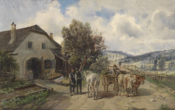 Landscape Oil Painting - Rural Cottage, Ox - Drawn Cart, Figures & Hills - Oil Painting Haven