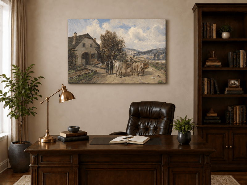 Landscape Oil Painting - Rural Cottage, Ox-Drawn Cart, Figures