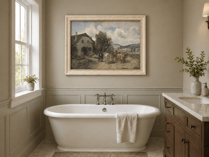 Landscape Oil Painting - Rural Cottage, Ox-Drawn Cart, Figures