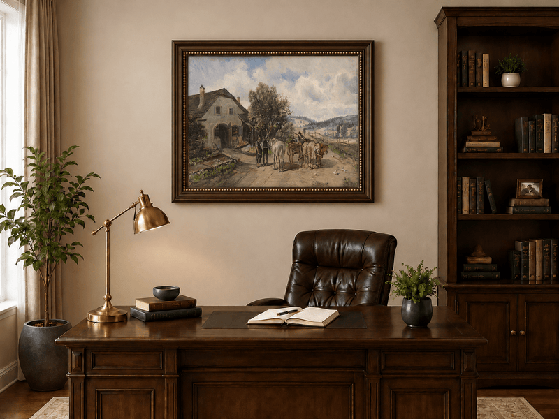 Landscape Oil Painting - Rural Cottage, Ox-Drawn Cart, Figures