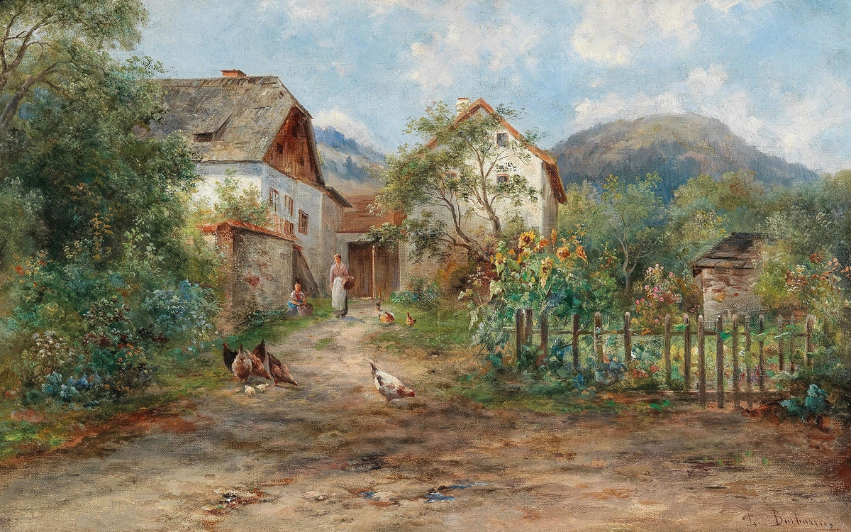 Landscape Oil Painting - Rural Courtyard, Houses, Chickens, Figures - Oil Painting Haven