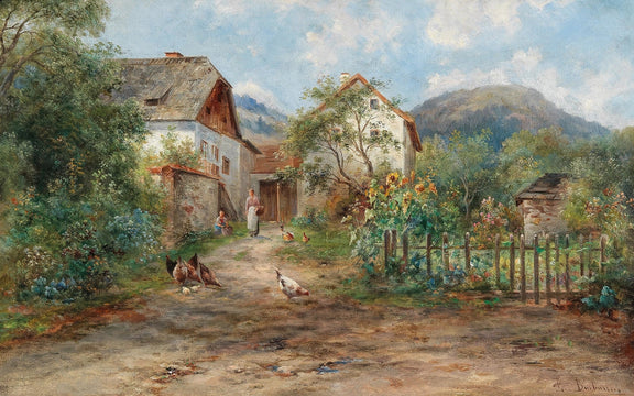 Landscape Oil Painting - Rural Courtyard, Houses, Chickens, Figures - Oil Painting Haven