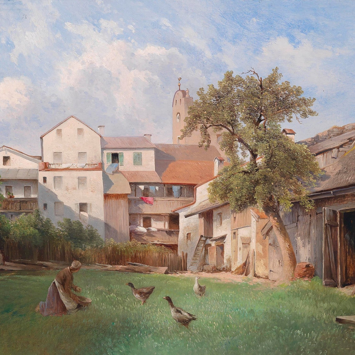Landscape Oil Painting - Rural Courtyard Life,Peasant Woman, Geese - Oil Painting Haven