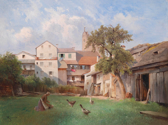Landscape Oil Painting - Rural Courtyard Life,Peasant Woman, Geese - Oil Painting Haven