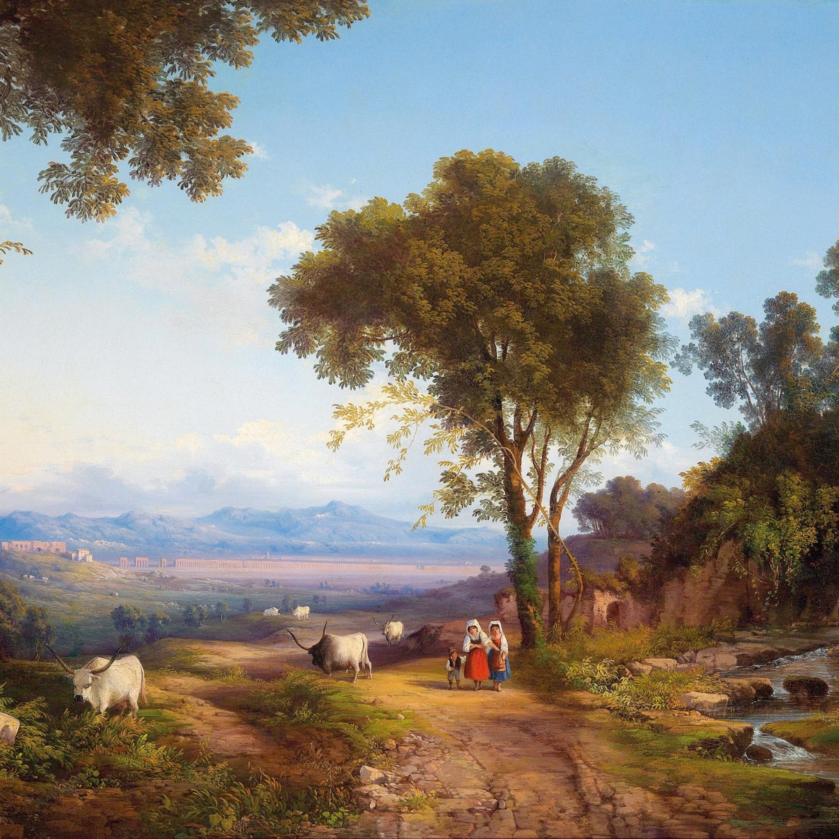 Landscape Oil Painting - Rural dirt path figures cattle & lush trees - Oil Painting Haven