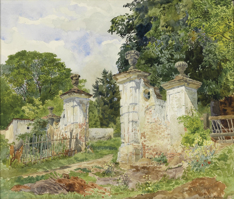 Landscape Oil Painting - Rural Entrance Weathered Ornamental Gateposts, Greenery - Oil Painting Haven