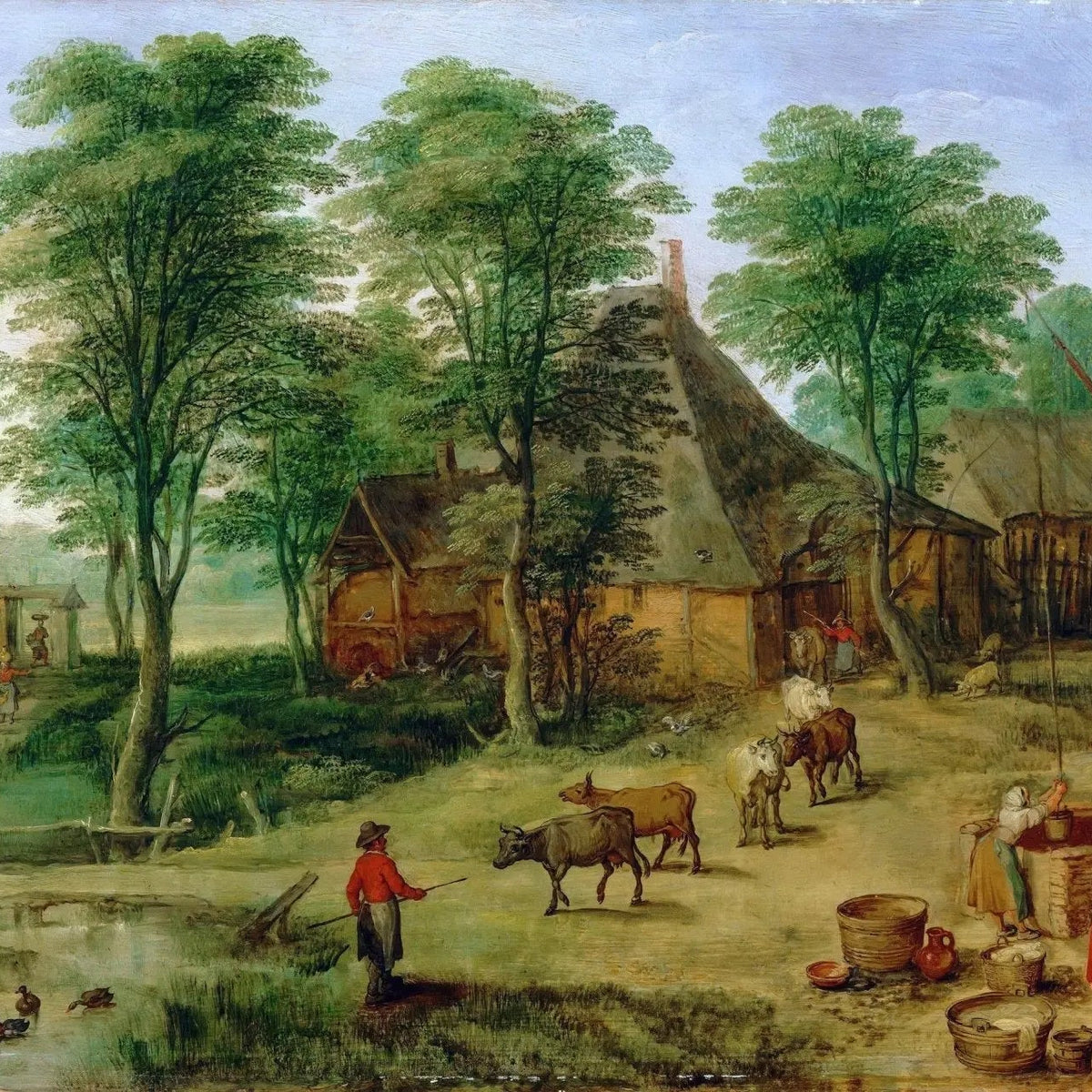 Landscape Oil Painting - Rural Farm Scene with Figures and Animals - Oil Painting Haven