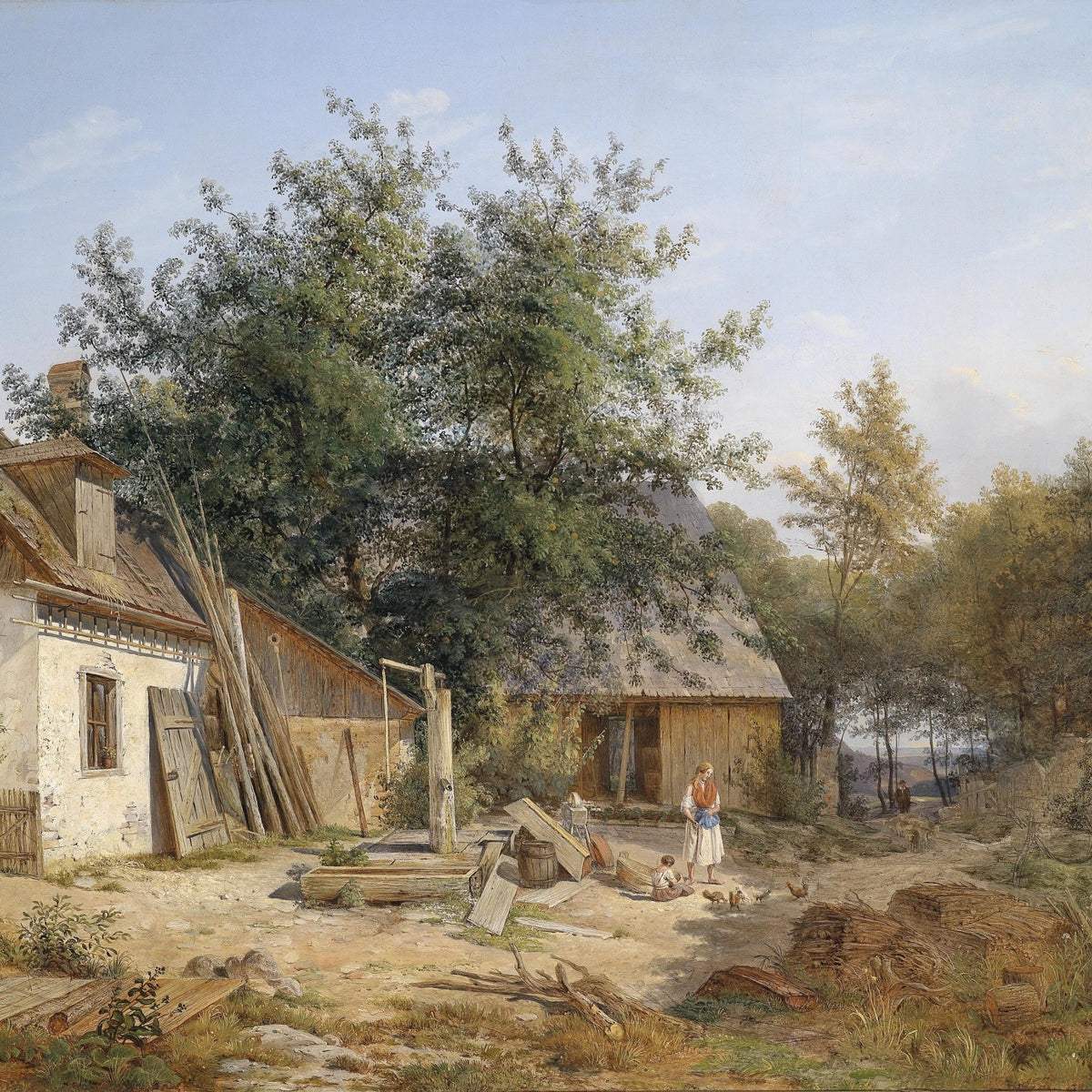 Landscape Oil Painting - Rural Farmyard, Cottage, Woman, Child & Chickens - Oil Painting Haven