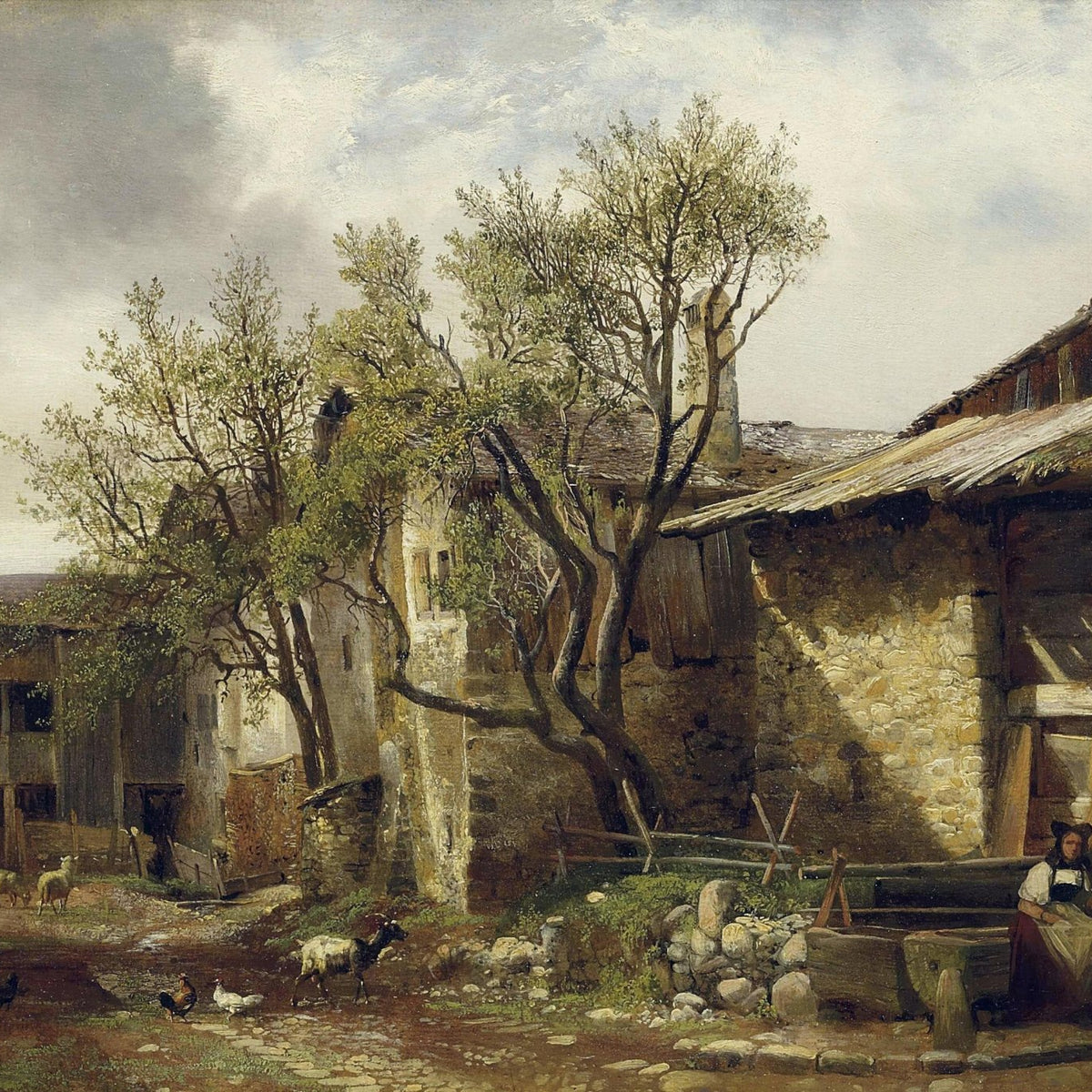 Peinture à l'huile de paysage - Cour de ferme rurale, paysanne et bois
