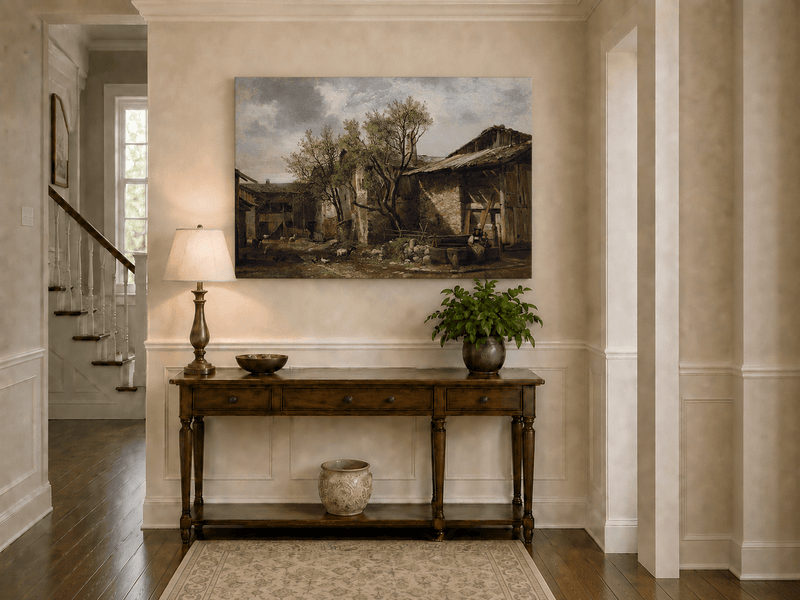 Peinture à l'huile de paysage - Cour de ferme rurale, paysanne et bois