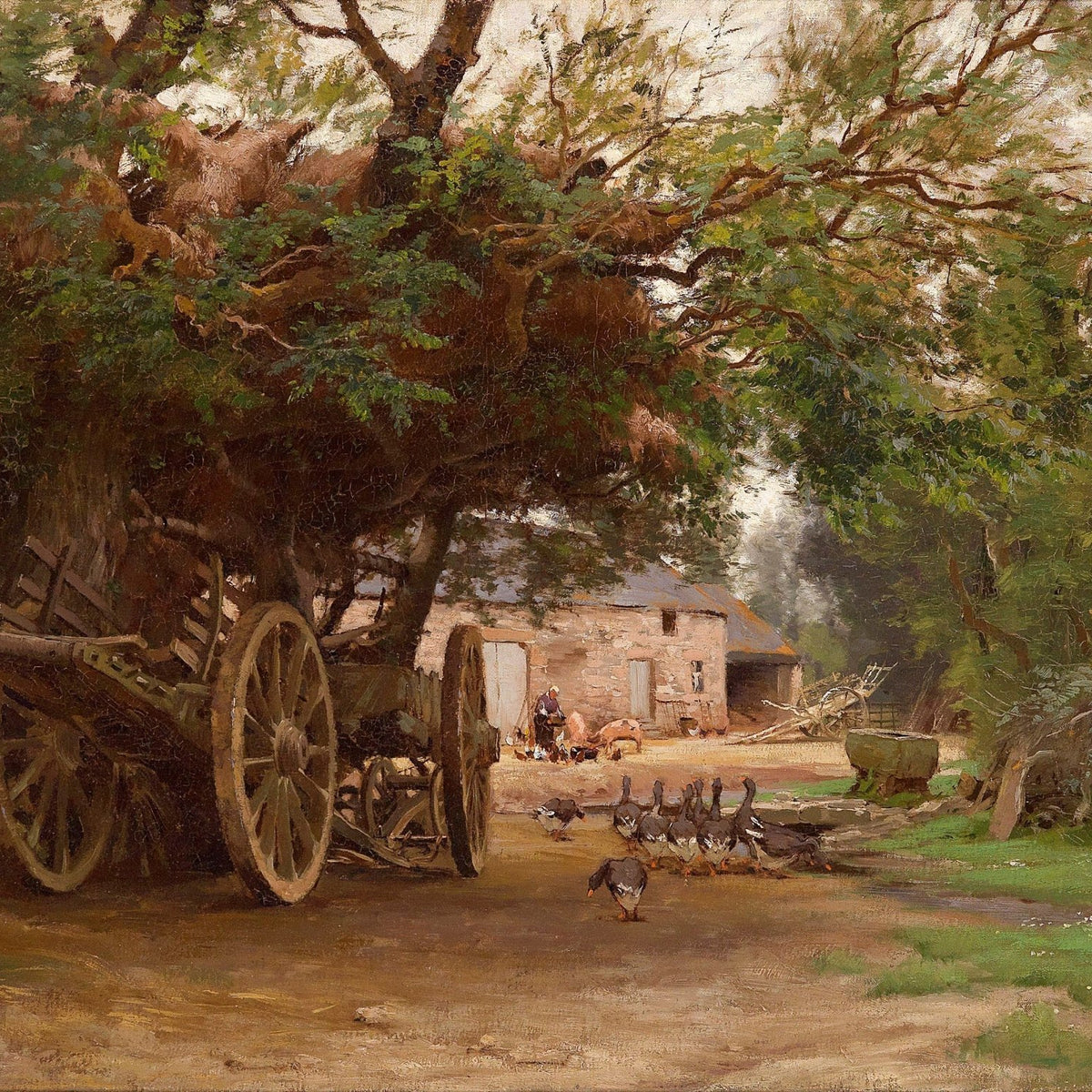 Landscape Oil Painting - Rural Farmyard, Wagon, Geese & Stone Cottage - Oil Painting Haven
