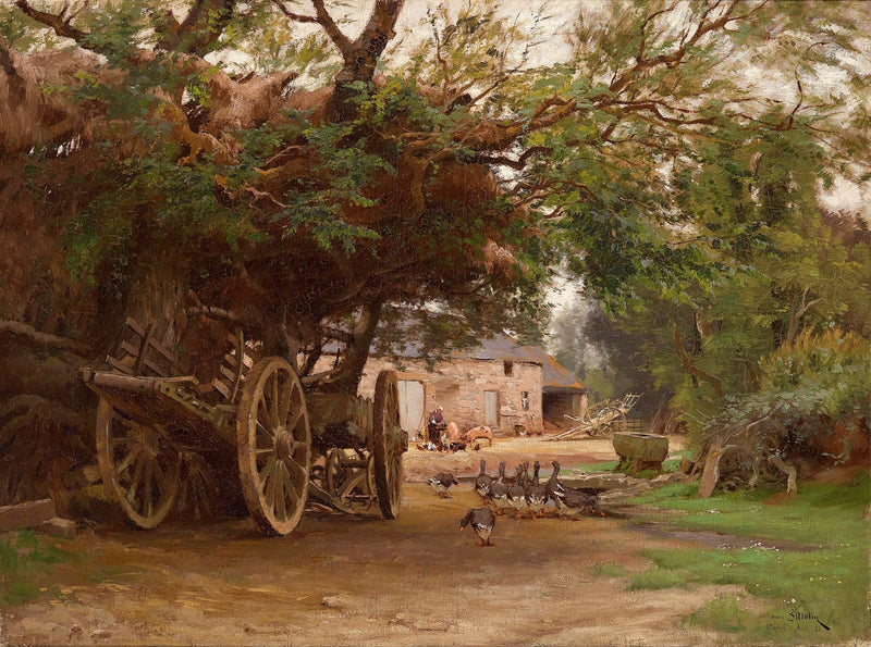 Landscape Oil Painting - Rural Farmyard, Wagon, Geese & Stone Cottage - Oil Painting Haven