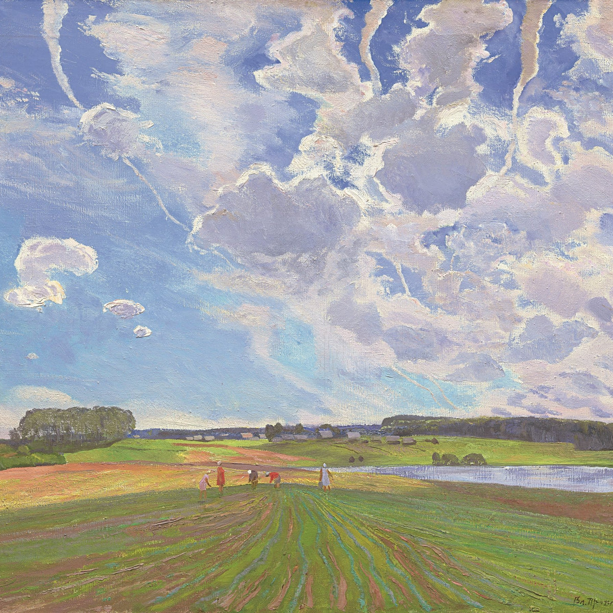 Landscape Oil Painting - Rural Field Scene: Workers & Dramatic Clouds - Oil Painting Haven