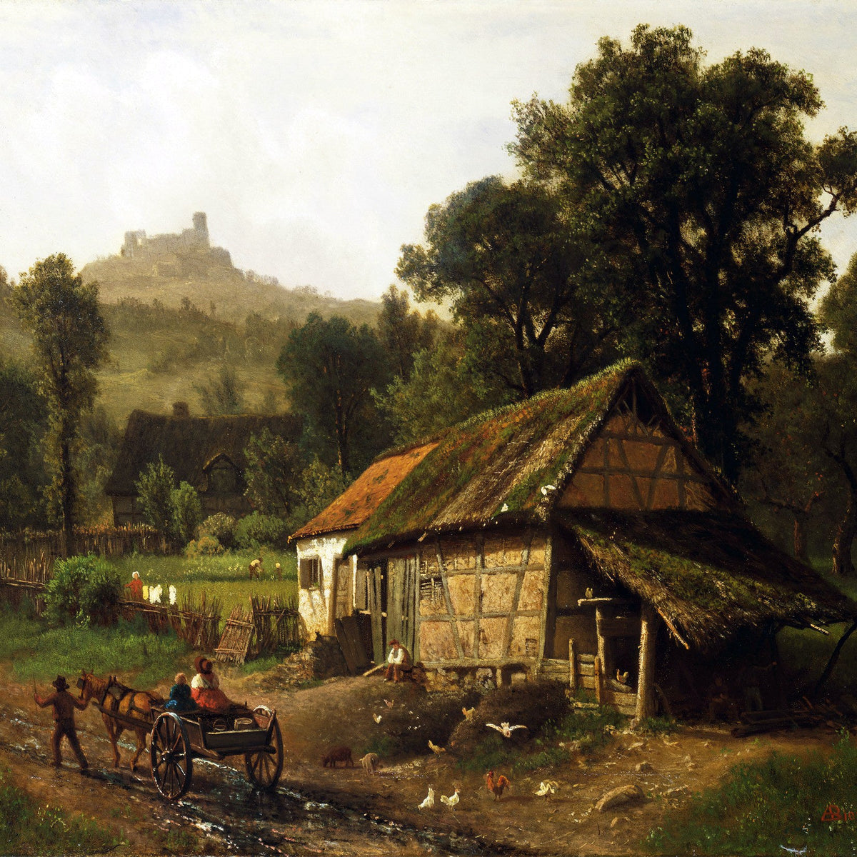 Peinture à l'huile de paysage - Maison à colombages rurale, poulailler et château