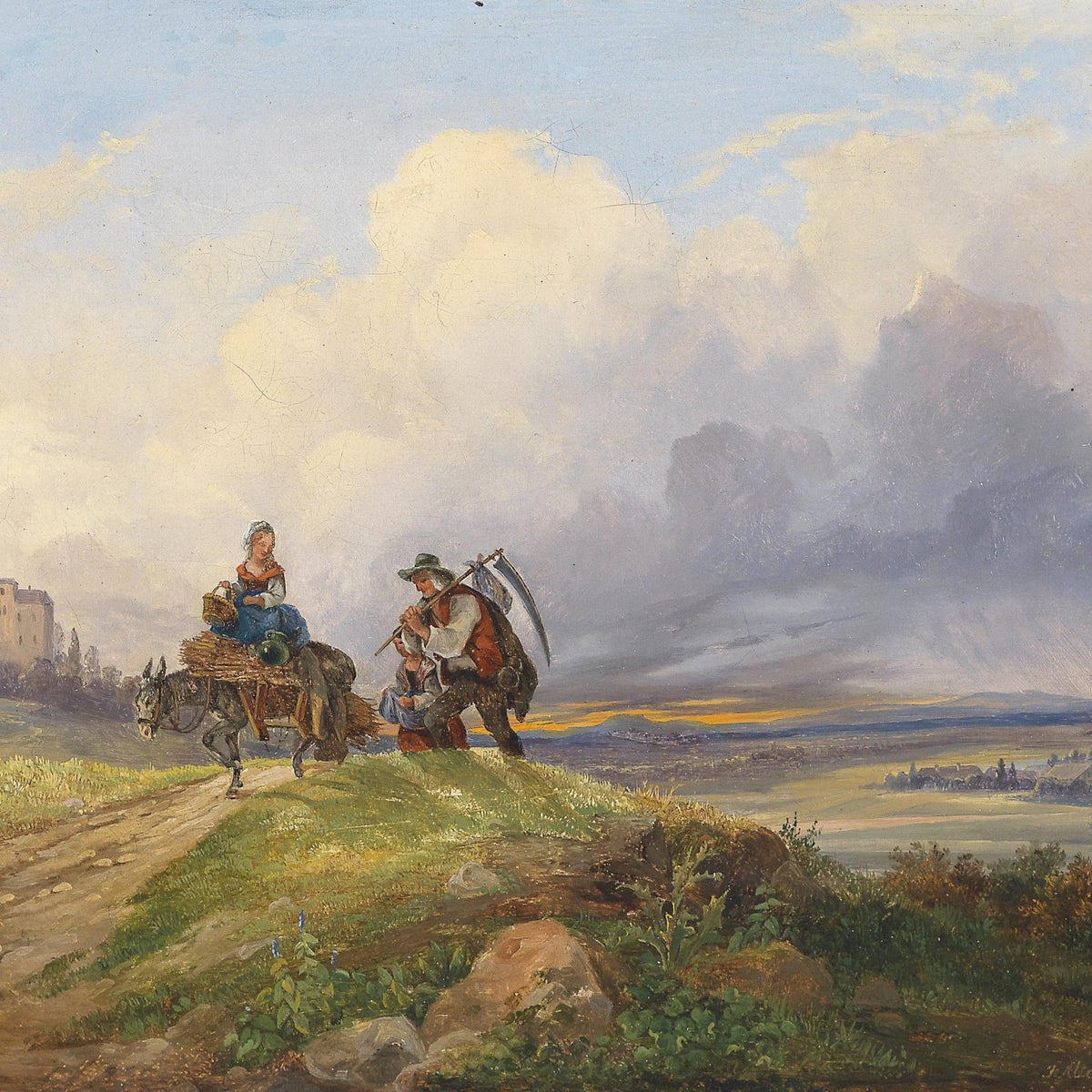 Landscape Oil Painting - Rural Harvest Homecoming, Donkey Cart, Farmer - Oil Painting Haven