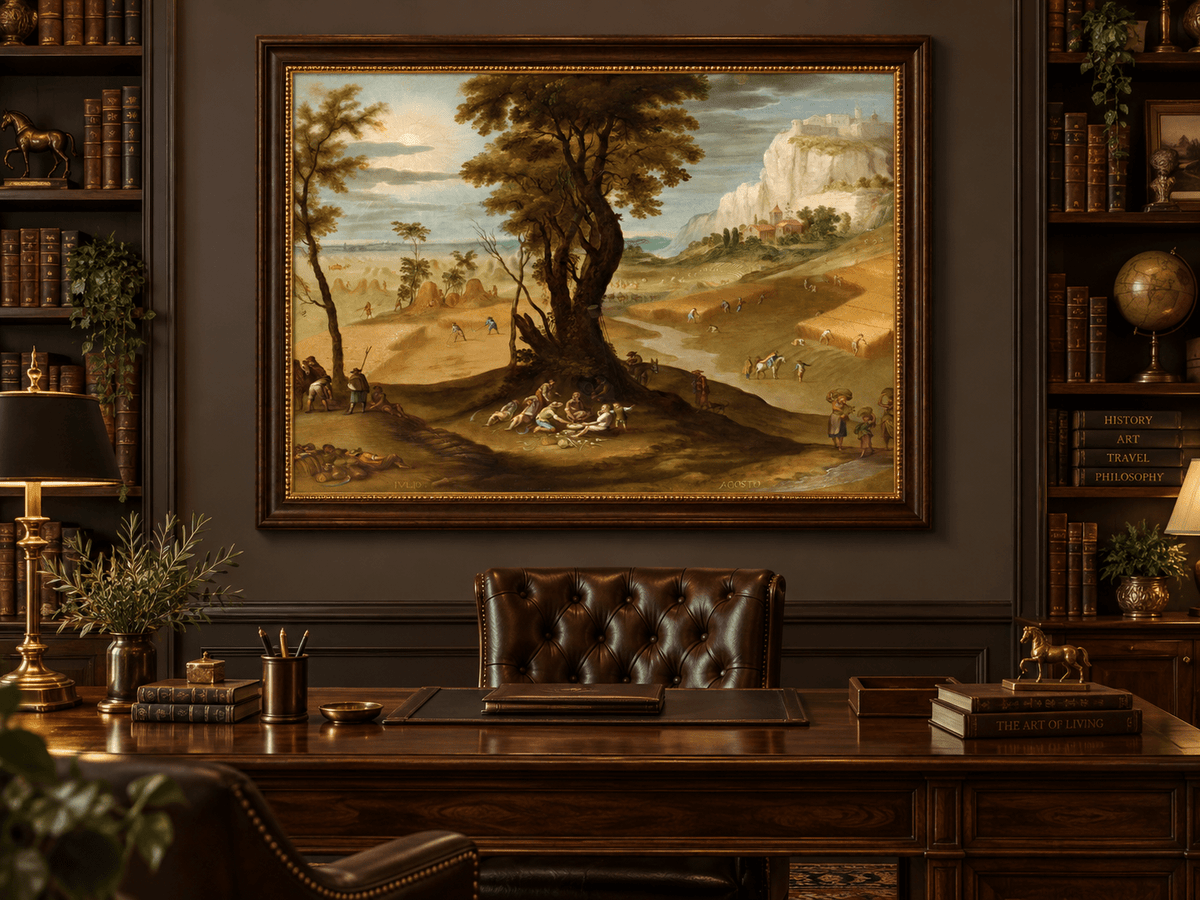 Landscape Oil Painting - Rural Harvest Scene with Figures