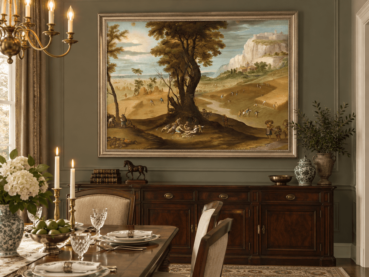 Landscape Oil Painting - Rural Harvest Scene with Figures