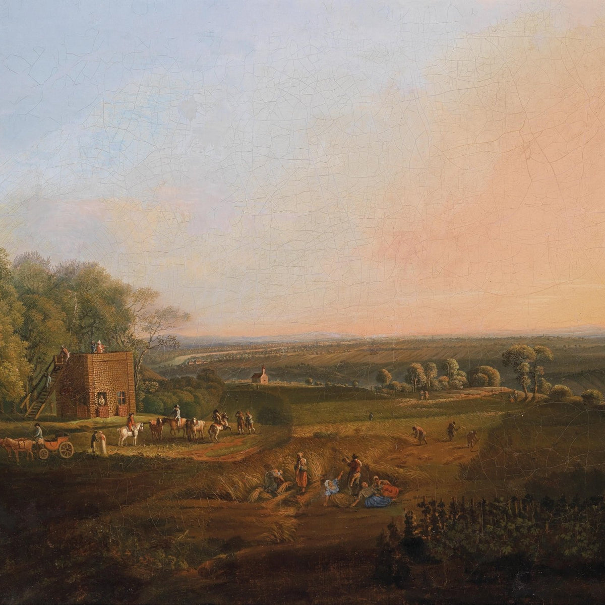 Landscape Oil Painting - Rural Harvest, Workers, Watch Hut & Dusk - Oil Painting Haven