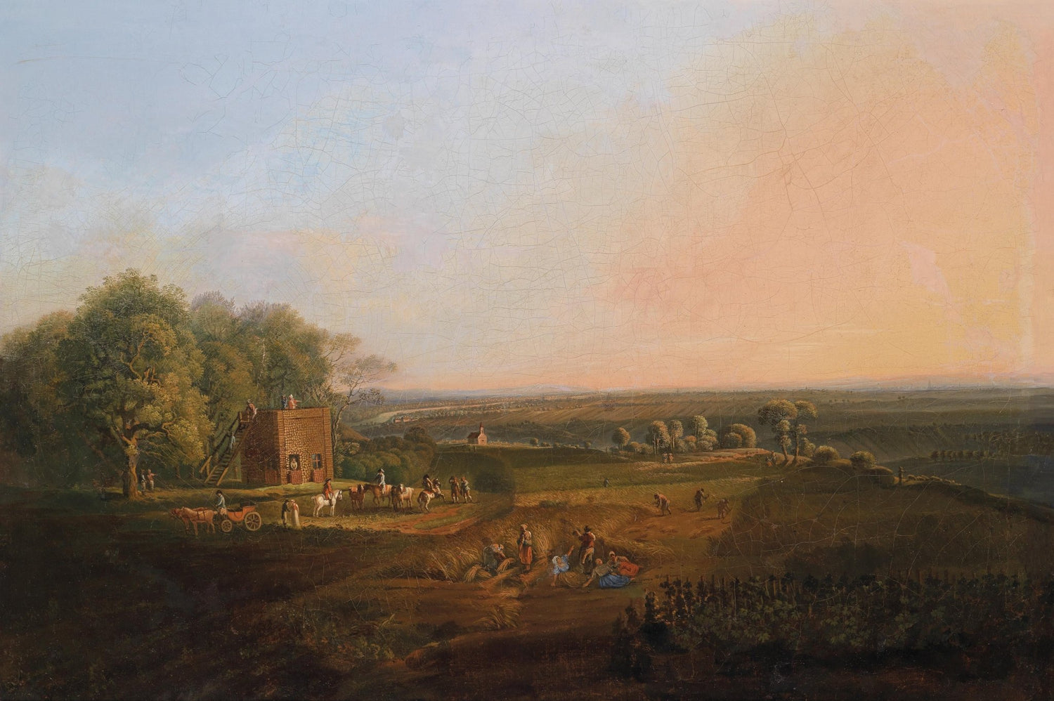 Landscape Oil Painting - Rural Harvest, Workers, Watch Hut & Dusk - Oil Painting Haven