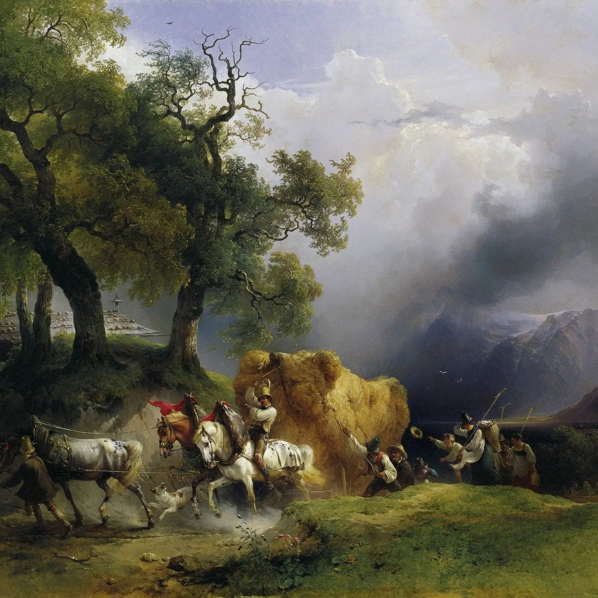 Landscape Oil Painting - Rural Haymaking with Horses & Figures - Oil Painting Haven