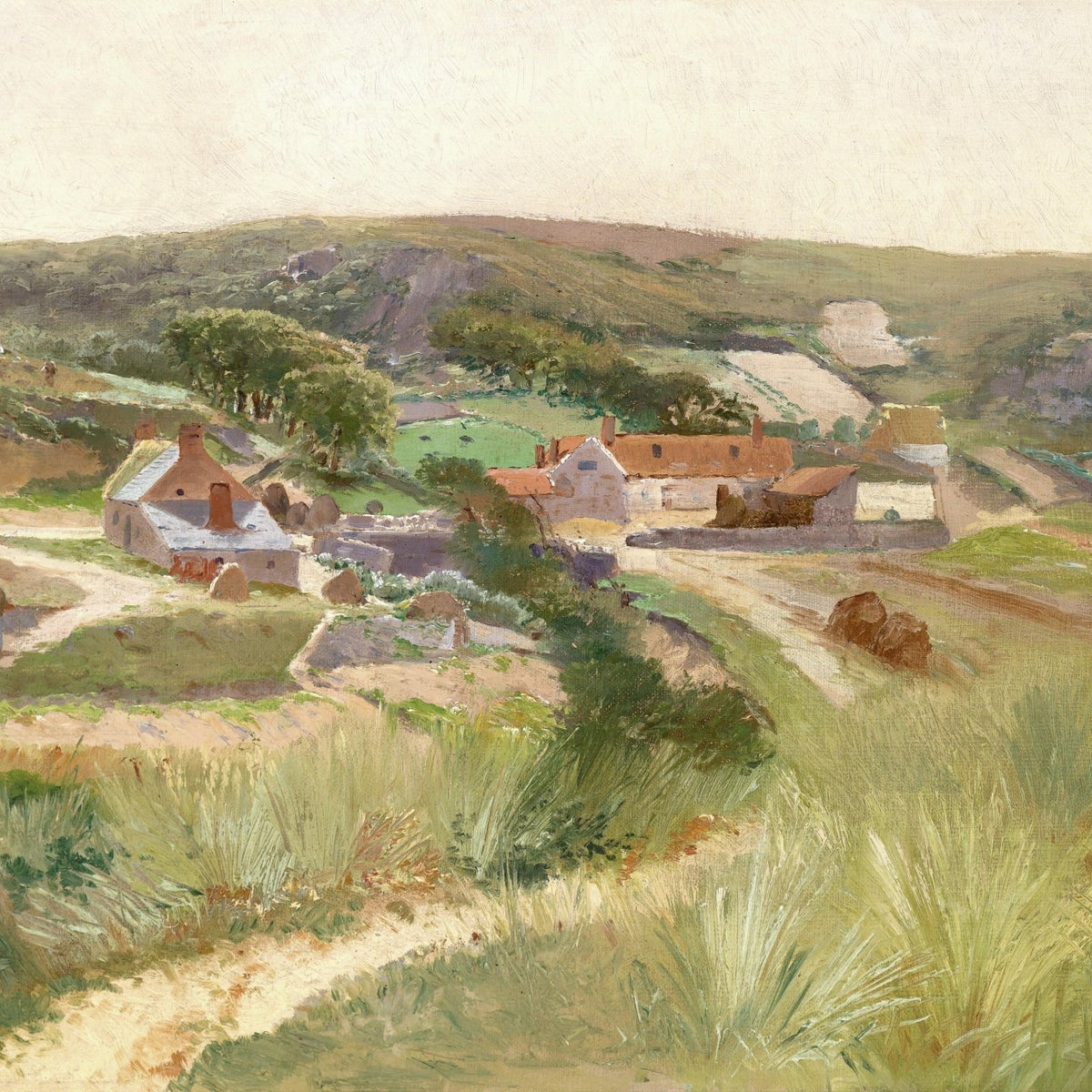 Landscape Oil Painting - Rural Hill Village, Cottages, Hay Bales & Paths - Oil Painting Haven