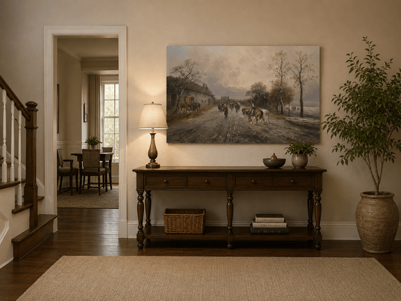 Rural lane under dusk skies landscape painting shown as decorative oil wall art.