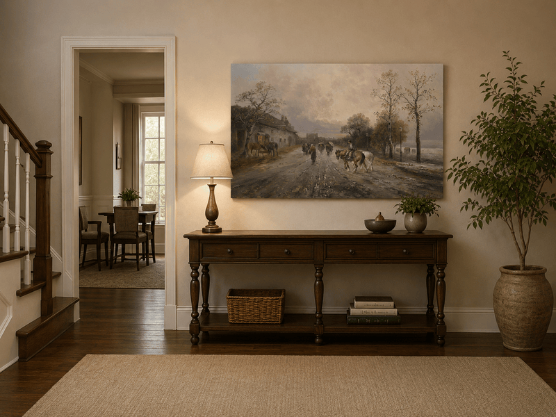 Rural lane under dusk skies landscape painting shown as decorative oil wall art.