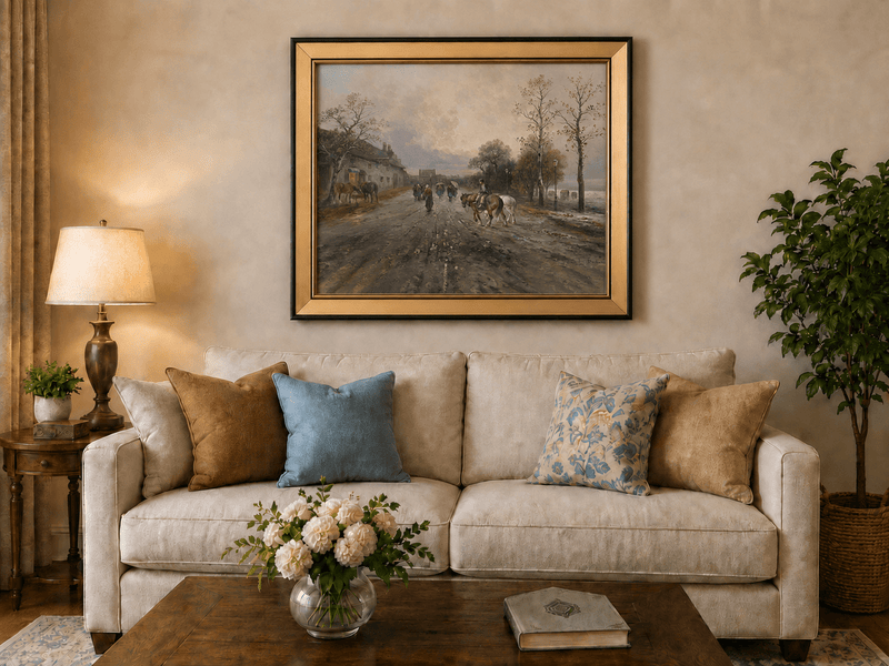 Rural lane with horses and pedestrians at dusk landscape oil painting displayed in a styled home interior.