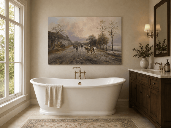 Rural lane, horses, pedestrians and dusk skies landscape oil painting presented as styled home decor.