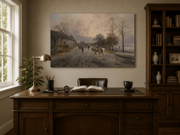 Interior wall art view featuring a rural lane with horses, pedestrians and dusk skies oil painting.