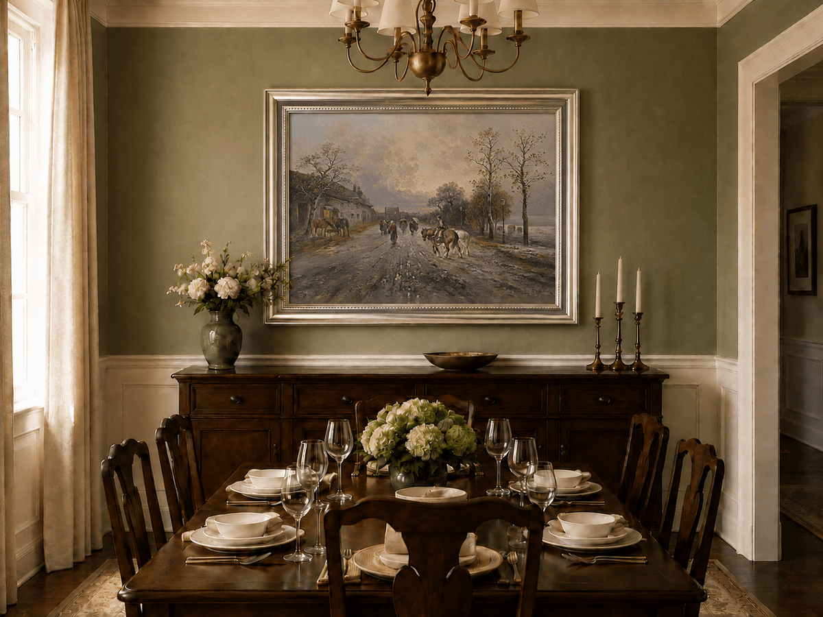 Rural lane, horses and pedestrians oil landscape artwork shown in a styled home interior.