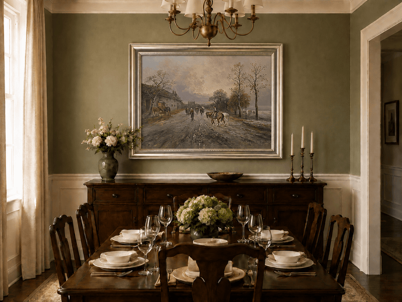 Rural lane, horses and pedestrians oil landscape artwork shown in a styled home interior.