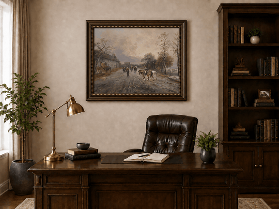 Rural lane at dusk landscape oil painting with horses and figures presented in an interior wall art mockup.