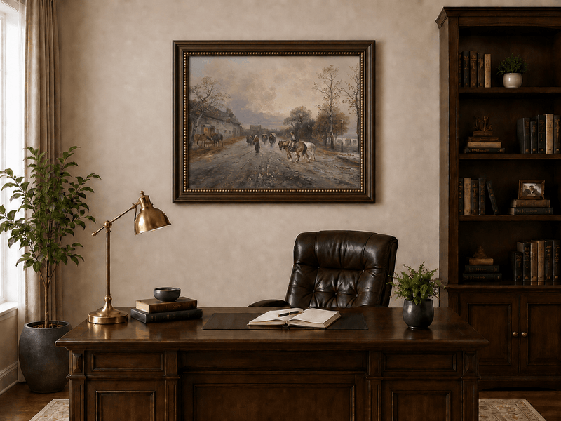 Rural lane at dusk landscape oil painting with horses and figures presented in an interior wall art mockup.