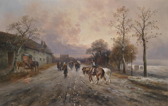 Landscape Oil Painting - Rural Lane, Horses, Pedestrians & Dusk Skies - Oil Painting Haven