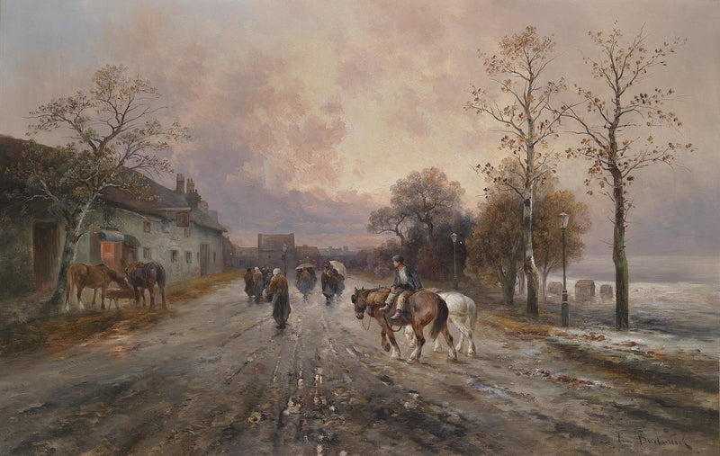 Landscape Oil Painting - Rural Lane, Horses, Pedestrians & Dusk Skies - Oil Painting Haven