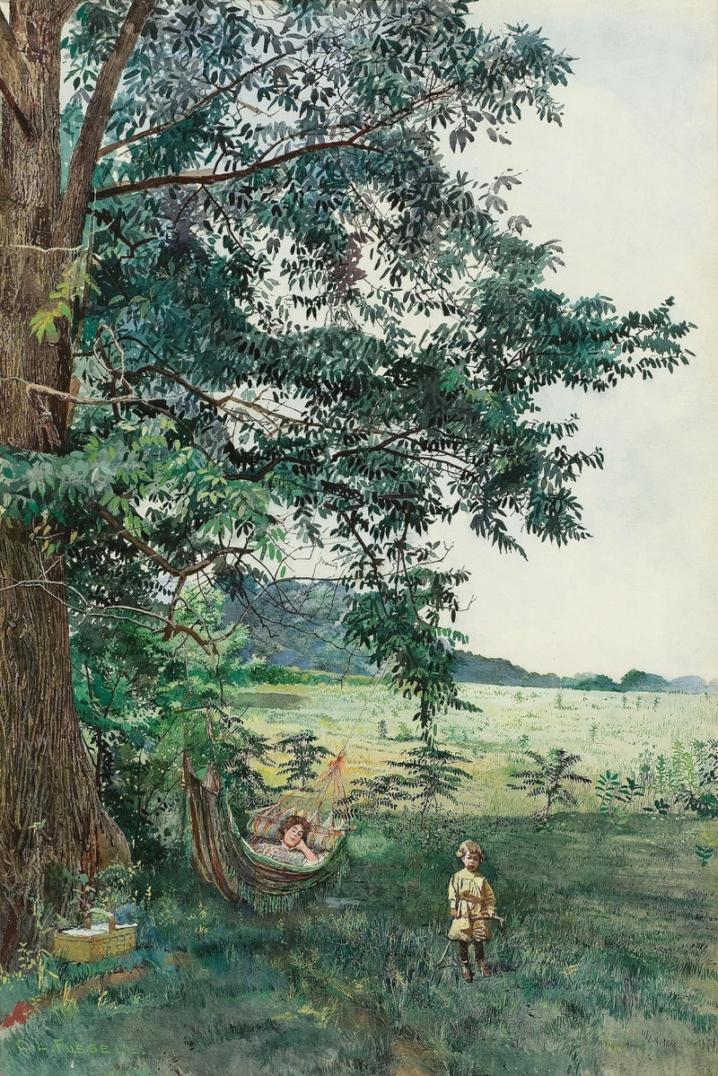 Landscape Oil Painting - Rural Meadow Hammock, Resting Figure & Child - Oil Painting Haven